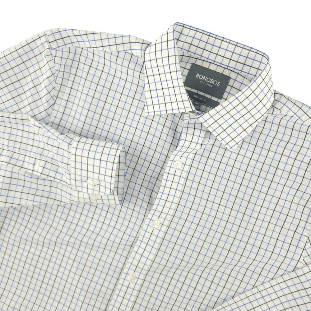 Bonobos Dress Shirt Mens 15.5 34 White Blue Check Standard Fit Non Iron